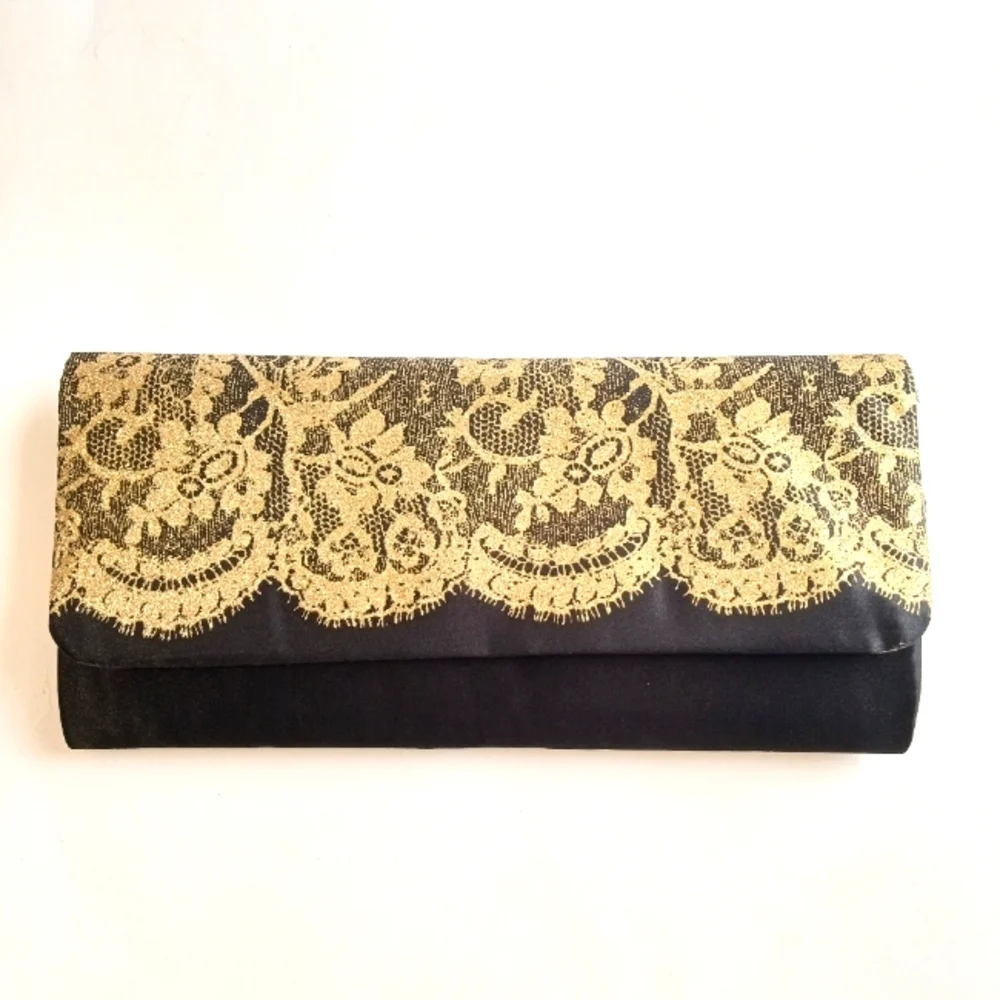 Sold**Black Gold Evening Lace Satin Formal Purse Clutch - Picture 1 of 6